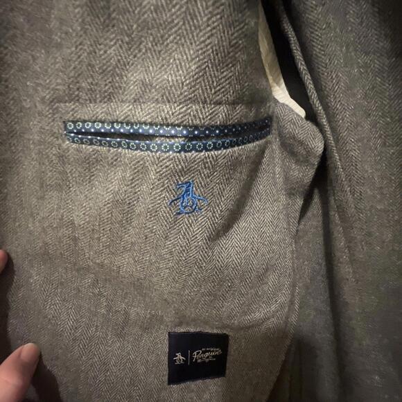 Penguin Mens Blazer Jacket Sz 42 Gray Herringbone Wool Blend Pockets Lined - Picture 3 of 4